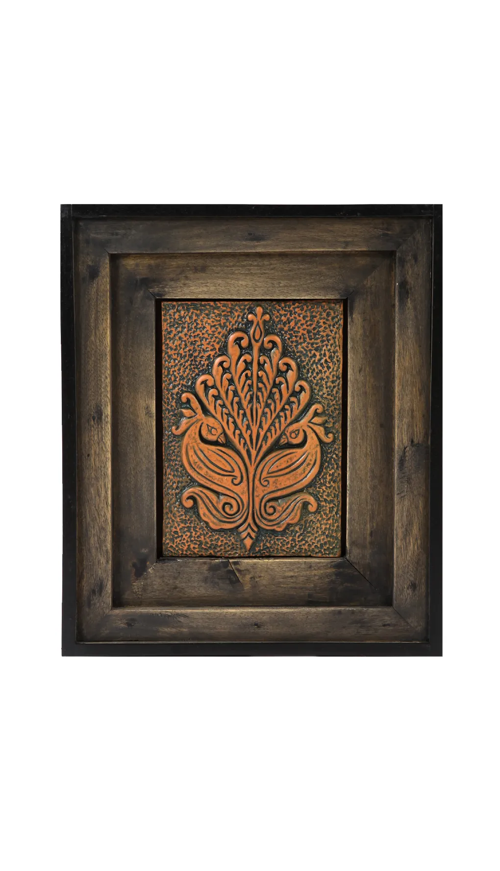 Peacocks Terracotta Framed in Beech wood Wall Hanging