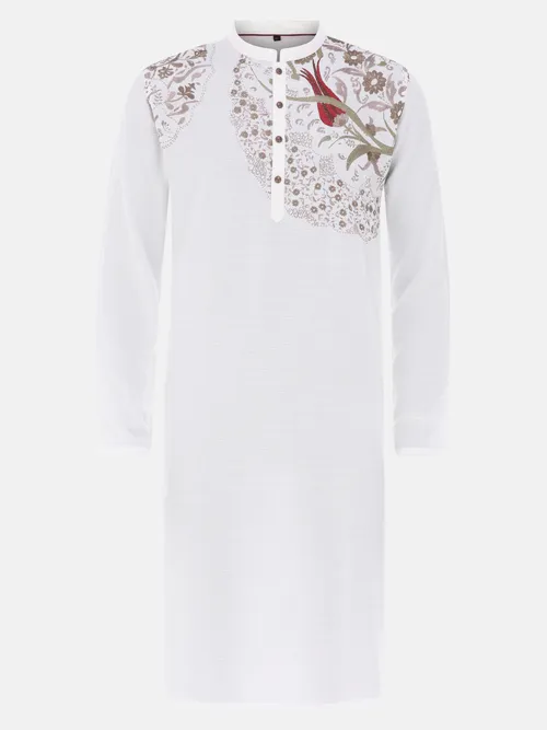 White Embroidered Viscose-Cotton Slim Fit Panjabi