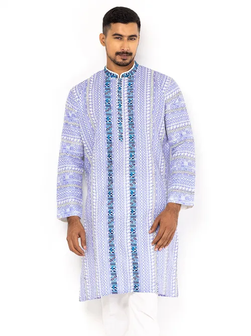 Blue Printed and Embroidered Cotton Panjabi