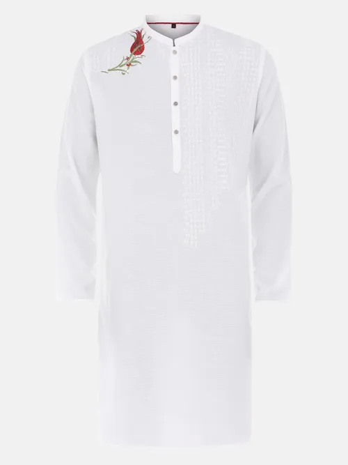 White Embroidered Viscose-Cotton Slim Fit Panjabi