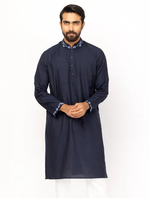 Midnight Blue Embroidered and Textured Viscose-Cotton Panjabi