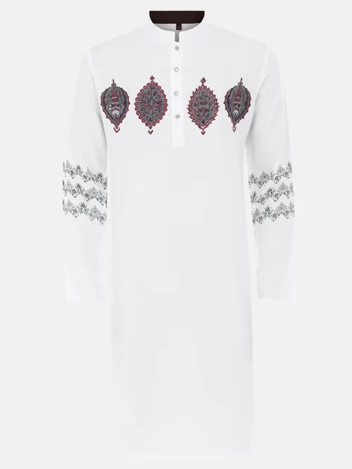 White Printed and Embroidered Viscose Slim Fit Panjabi