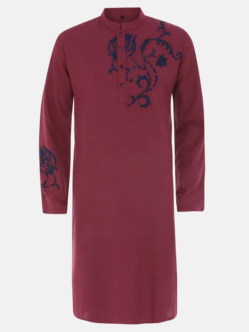 Burgundy Embroidered Cotton Slim Fit Panjabi