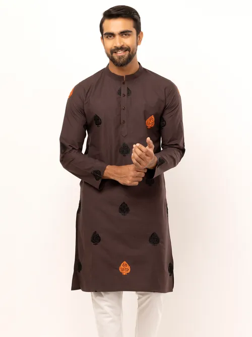 Deep Coffee Embroidered Cotton Slim Fit Panjabi