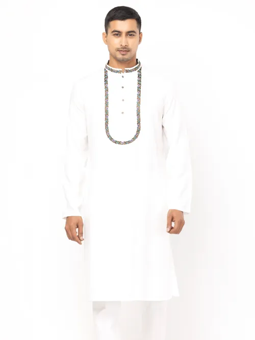 White Embroidered Viscose Panjabi