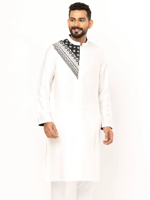 White Printed and Embroidered Cotton Panjabi