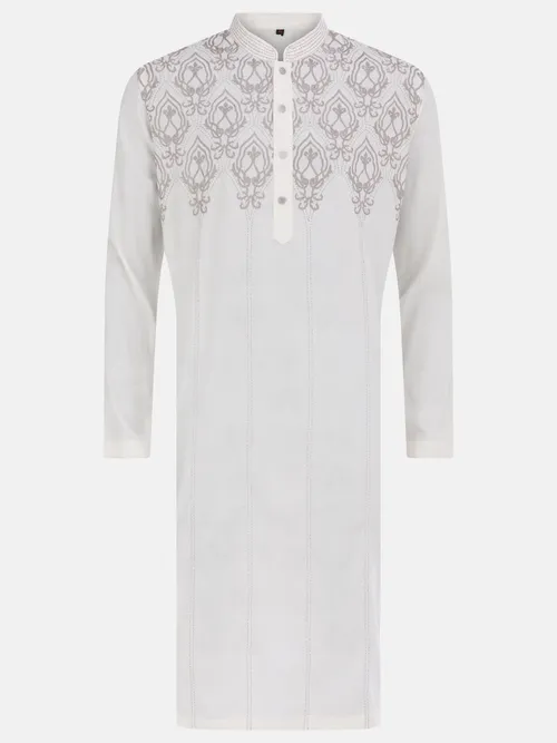 Beige Embroidered Viscose-Cotton Panjabi
