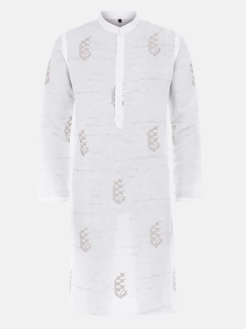 White Printed and Embroidered Cotton Slim Fit Panjabi