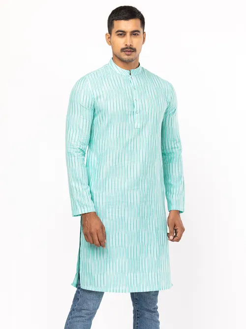 Turquoise Striped Embroidered Slim Fit Cotton Panjabi