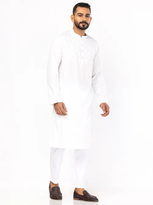 White Embroidered Viscose-Cotton Panjabi