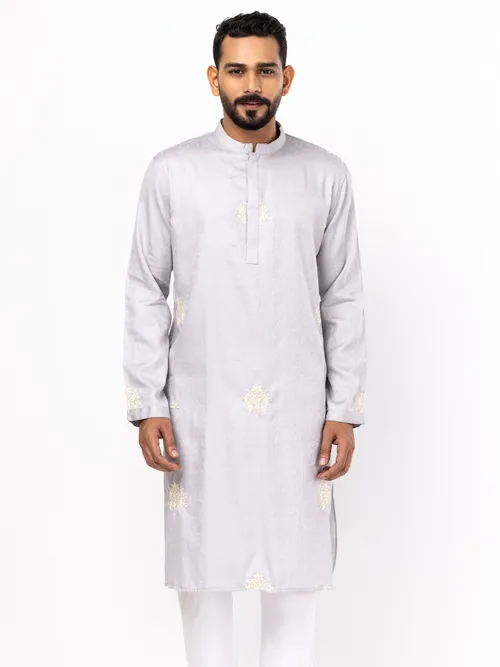 Light Grey Embroidered Cotton Panjabi