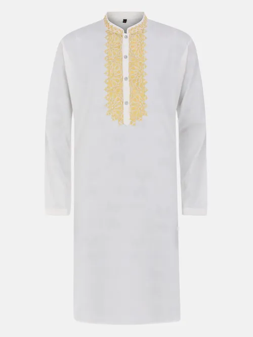 White Embroidered Viscose-Cotton Panjabi