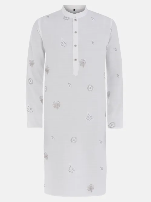 White Embroidered Textured Viscose-Cotton Slim Fit Panjabi