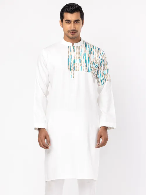 White Embroidered Textured Viscose-Cotton Panjabi