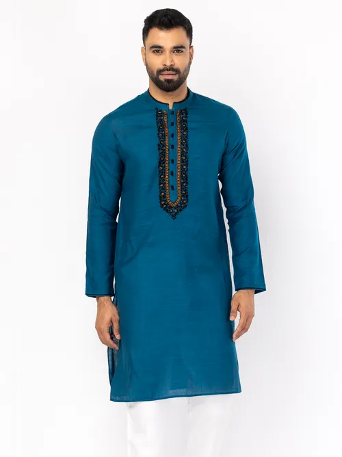 Teal Handloom Erri Embroidered Viscose-Cotton Slim Fit Panjabi