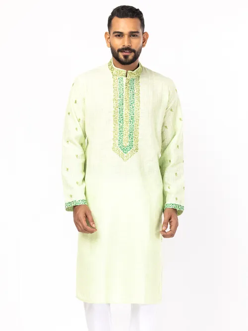 Lime Green Embroidered Cotton Panjabi