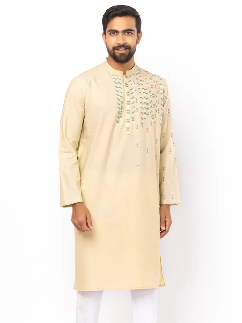 Light Brown Embroidered Viscose-Cotton Panjabi