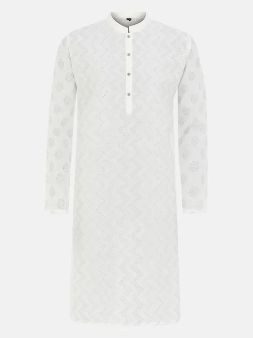 White Printed Viscose-Cotton Slim Fit Panjabi
