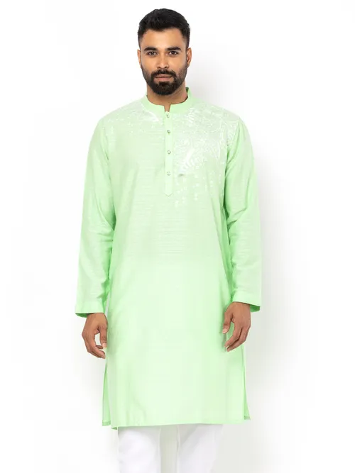 Lime Green Embroidered And Textured Viscose-Cotton Panjabi