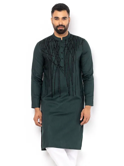 Forest Green Embroidered An Textured Cotton Slim Fit Panjabi