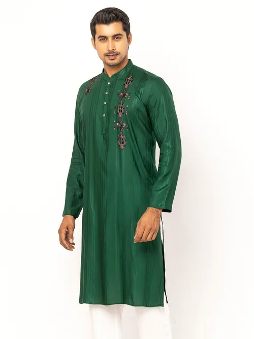 Bottle Green Embroidered Viscose Panjabi