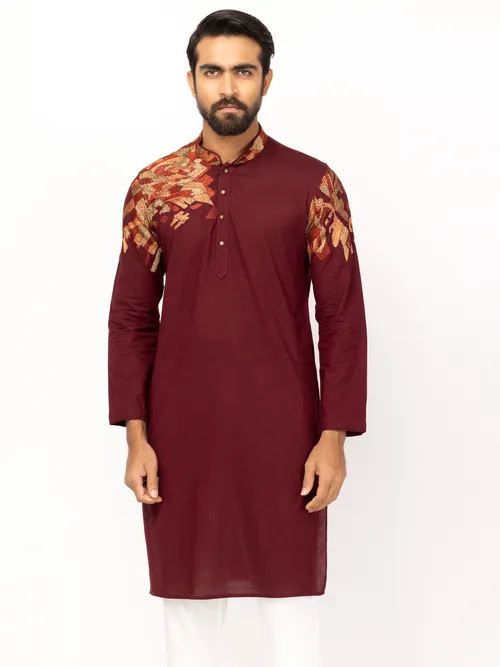 Maroon Embroidered Viscose Slim Fit Panjabi