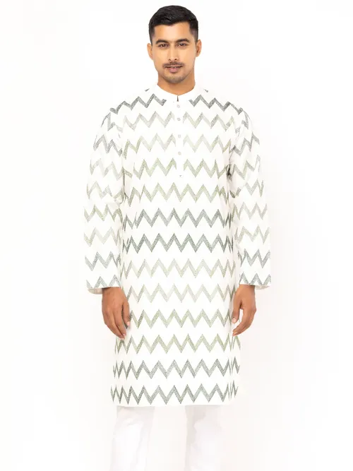 Off White Printed and Embroidered Cotton Panjabi