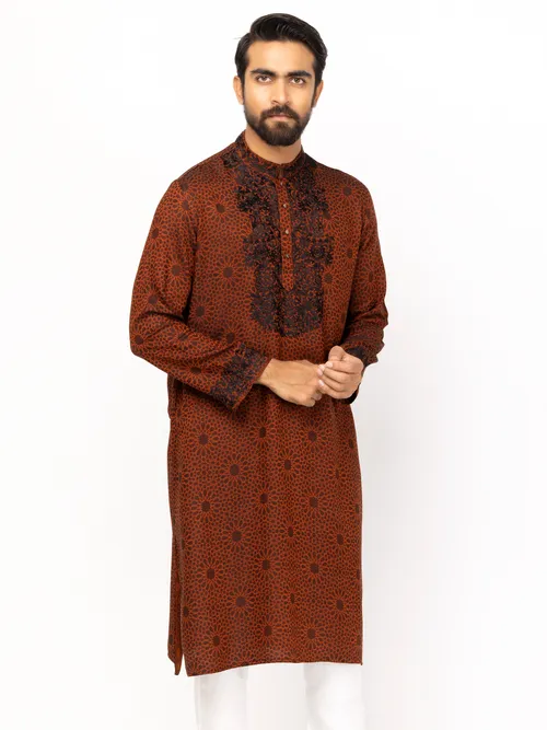 Orange Embroidered and Textured Viscose-Cotton Panjabi