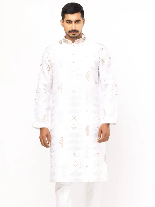 White Embroidered Cotton Panjabi