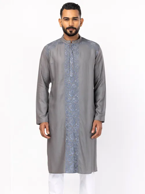Grey Embroidered Viscose Panjabi