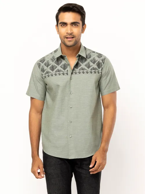 Pistachio Printed Viscose-Cotton Shirt