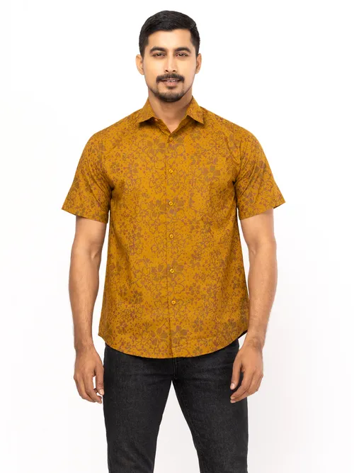 Deep Brown Printed Viscose-Cotton Shirt