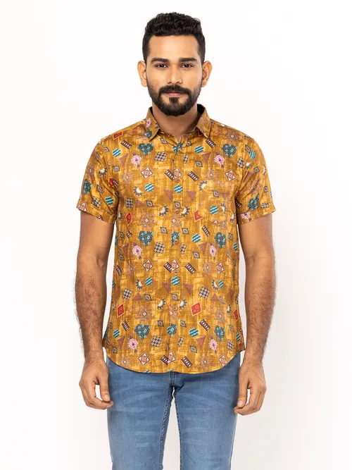 Multicolour Printed Mixed Cotton Fitted Shirt