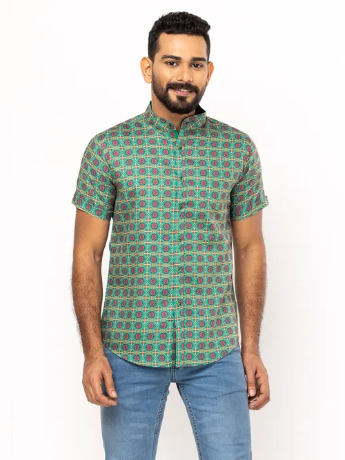 Multicolour Printed Mixed Cotton Fitted Shirt