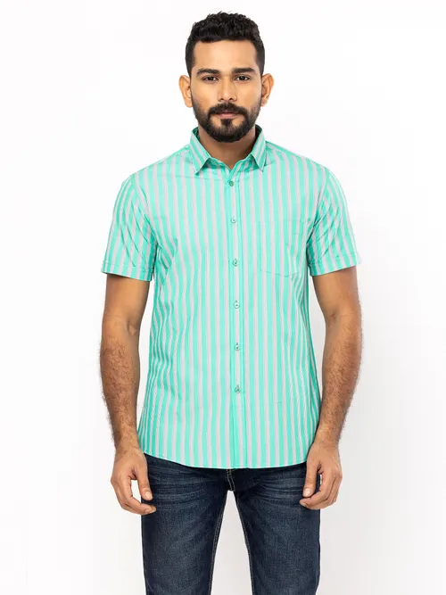 Green Striped Mixed Cotton Fitted Shirt