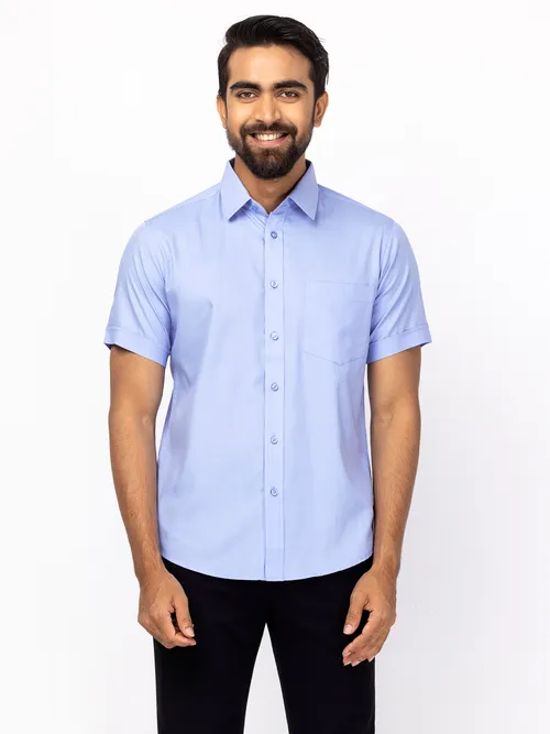 Carolina Blue Printed Mixed Cotton Shirt