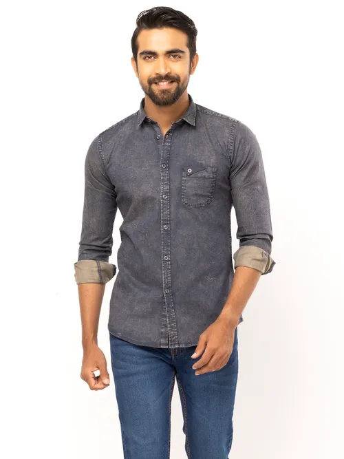 Black Mixed Cotton Fitted Shirt
