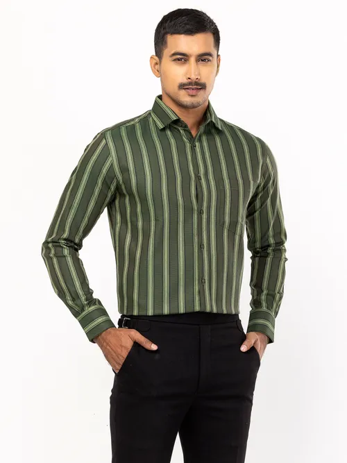 Green Striped Mixed Cotton Executive Shirt