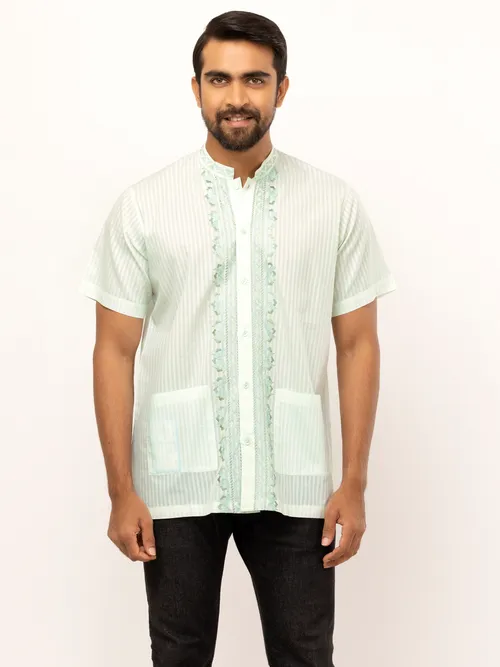 Mint Green Striped Embroidered Cotton Fatua