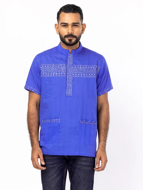 Blue Printed and Embroidered Cotton Fatua