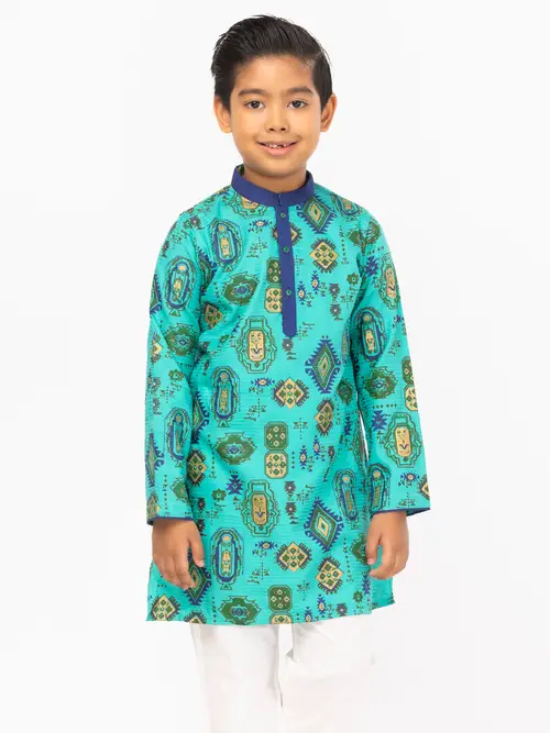 Turquoise Printed Viscose-Cotton Panjabi Pajama Set