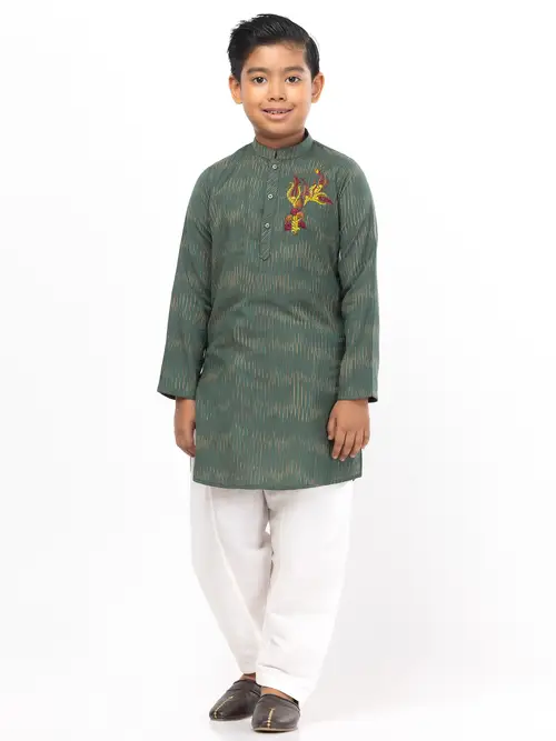 Green Striped Embroidered Viscose-Cotton Panjabi Pajama Set
