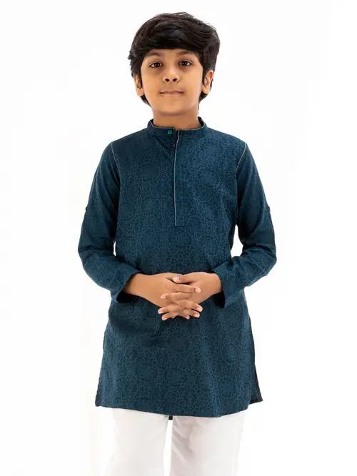 Midnight Blue Textured Viscose-Cotton Panjabi Pajama Set