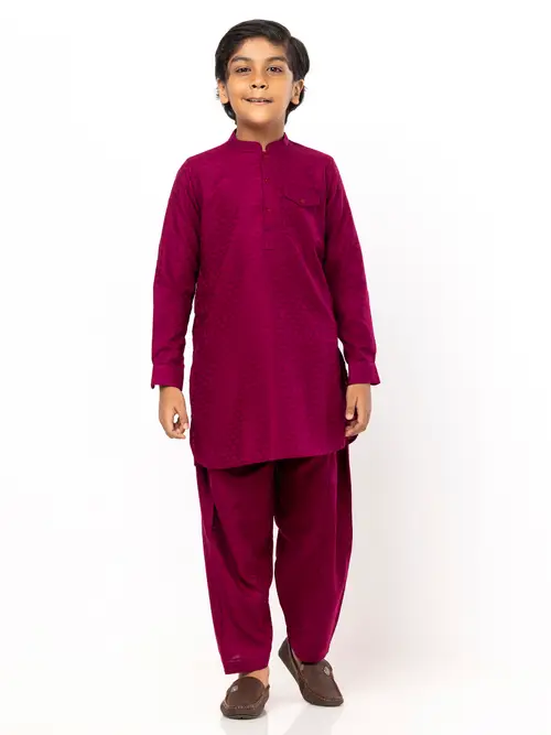 Mulberry Textured Viscose-Cotton Panjabi Pajama Set