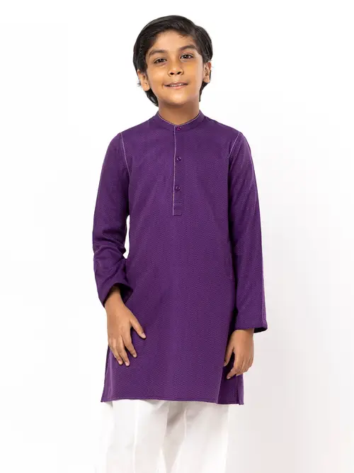 Purple Textured Viscose-Cotton Panjabi Pajama Set