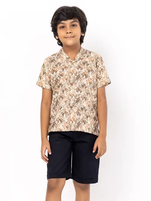 Peach Printed Cotton Shirt Pant Set