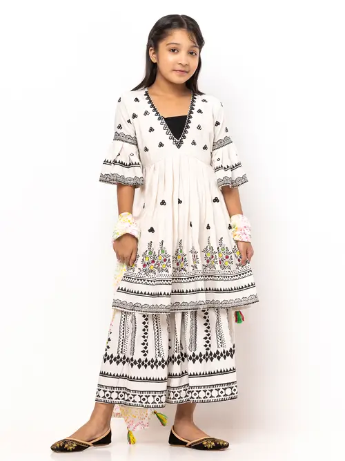 White Printed and Embroidered Linen Shalwar Kameez