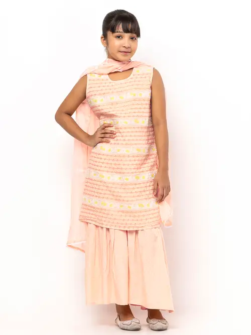 Peach Printed and Embroidered Linen Shalwar Kameez