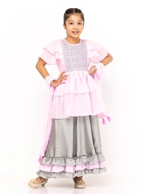 Pink Printed and Embroidered Mixed Cotton Ghagra Choli