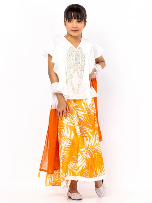 White Printed and Embroidered Linen Ghagra Choli